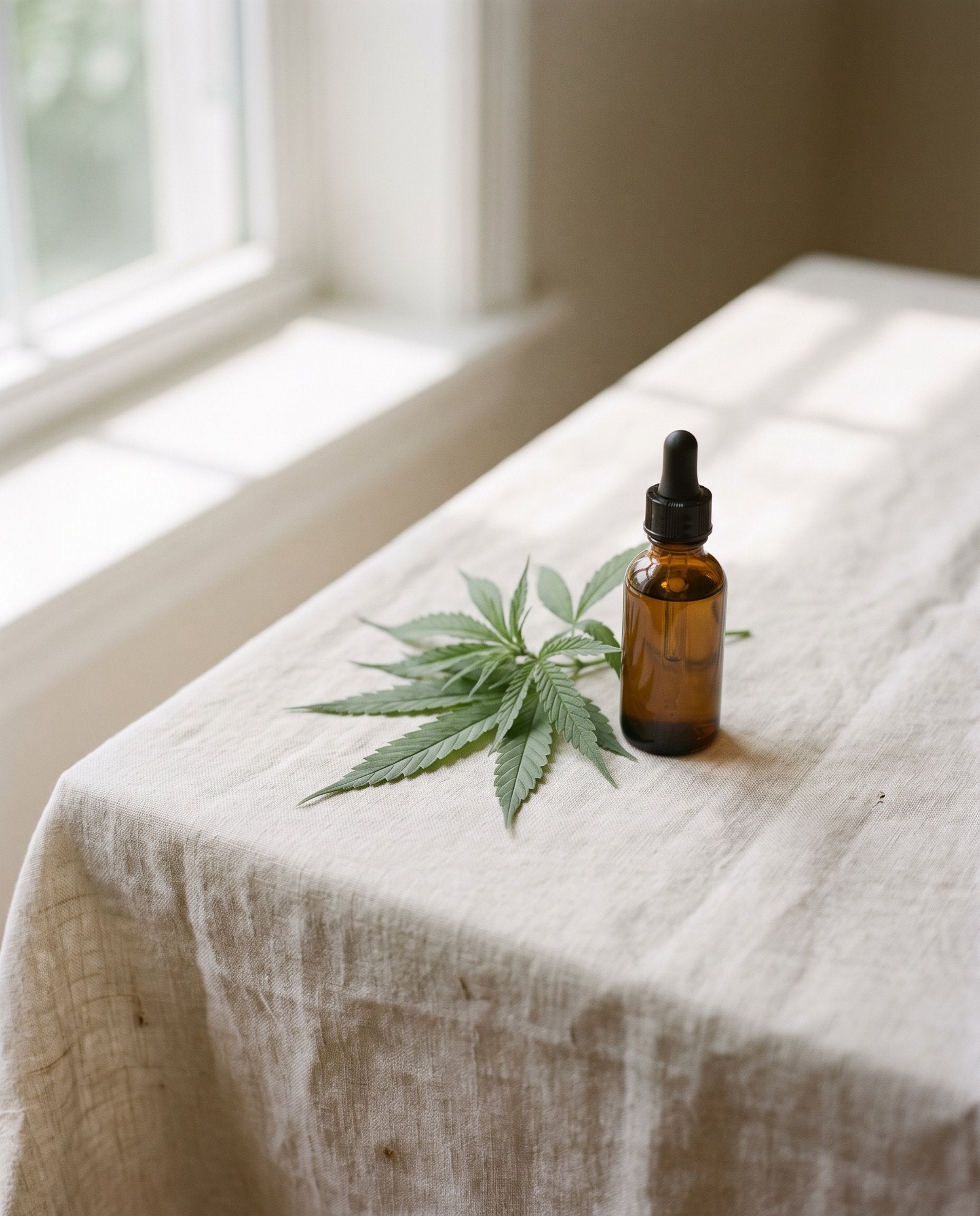 CBD Öl Fläschchen mit Hanfblatt auf Leinen – ruhiges Stillleben